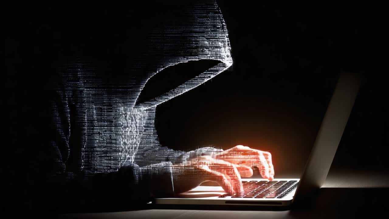 A digital phantom emerges from the shadows, exemplifying the world of hacking and cybercrime, highlighting the skills and peril associated with online anonymity and security breaches