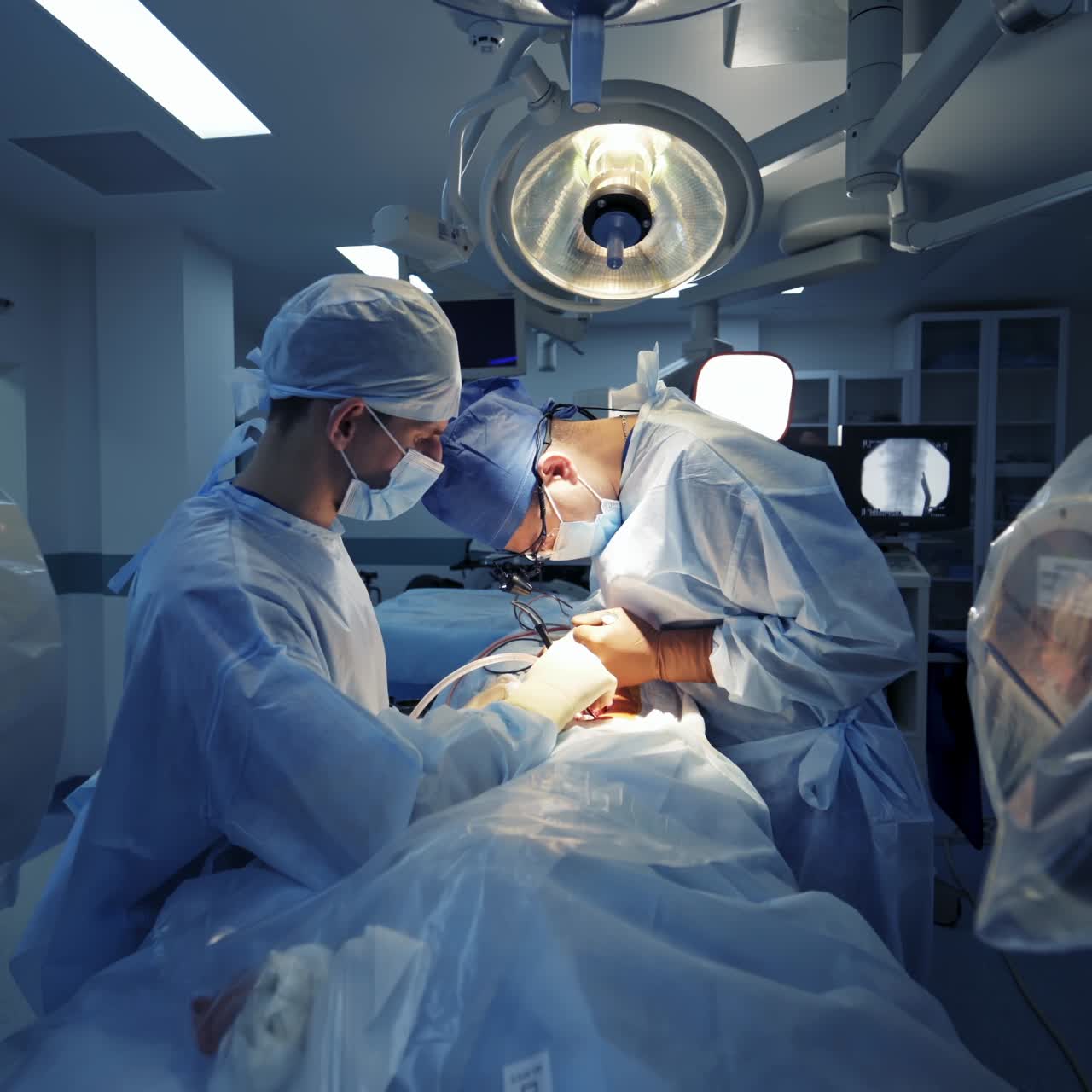 Surgeons working in operating room. Hospital background. Two male doctors at work