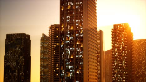 sunset aerial shot of skyscrapers of business centre