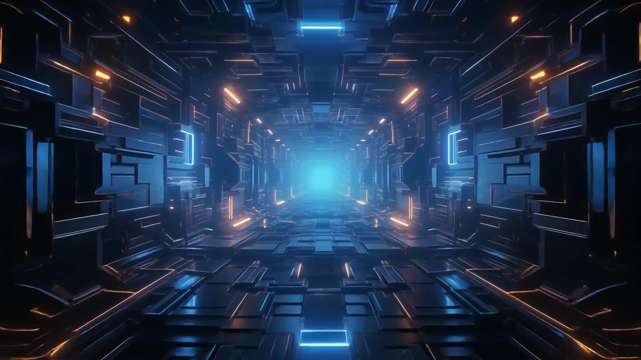 Futuristic Sci-Fi Corridor with Glowing Blue and Orange Lights