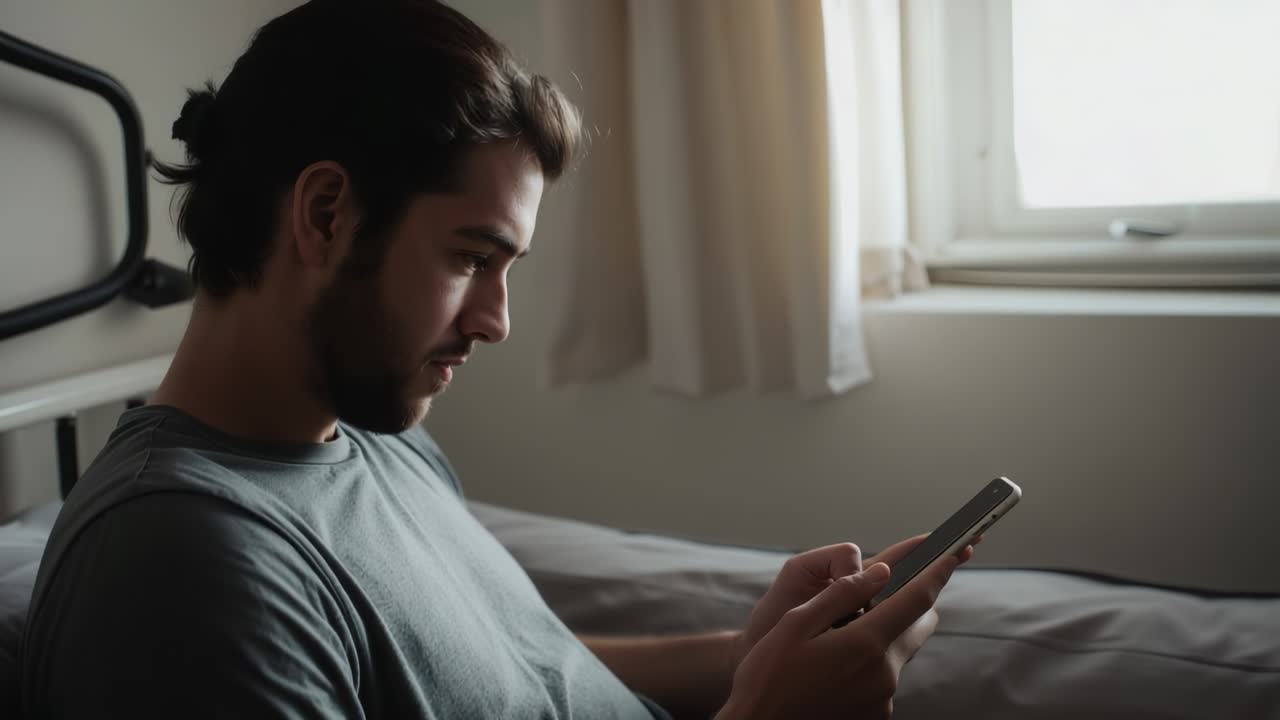 Sedící muž v šedém tričku kontroluje zprávy po upozornění v posteli u okna, smartphone, prostor pro kopírování
