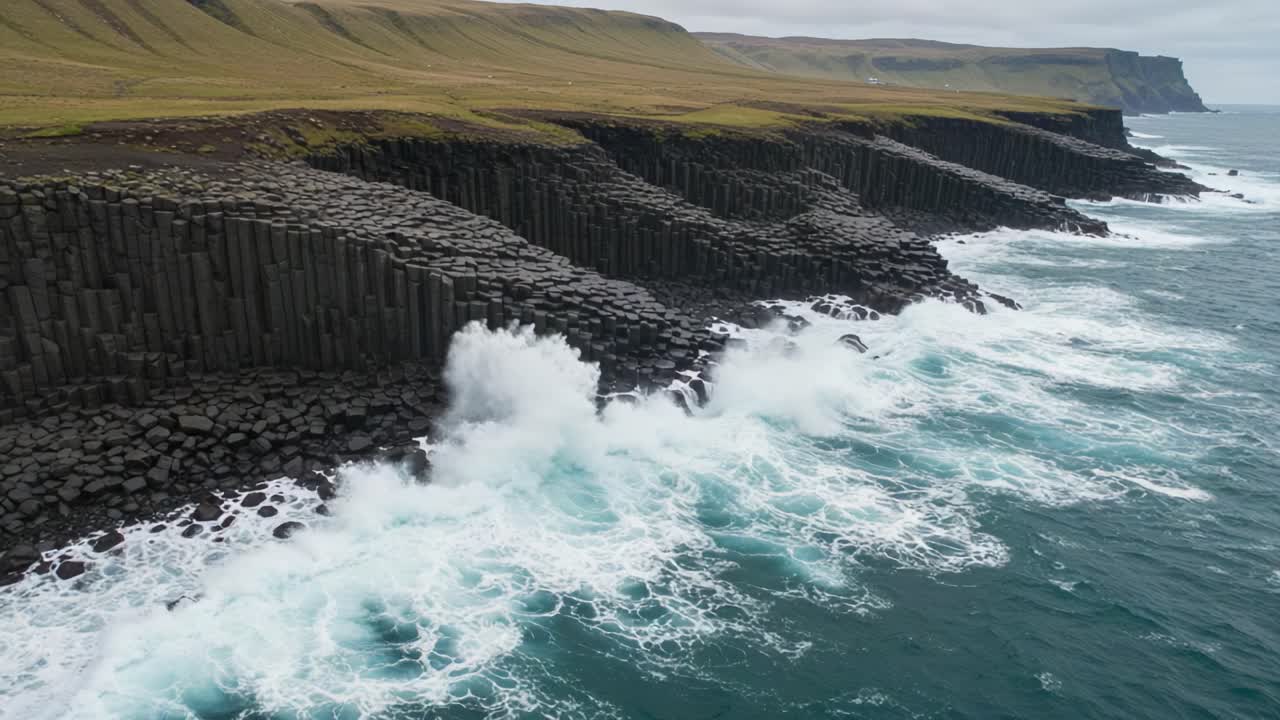 Majestic Coastal Landscape: Waves Crashing Against Dramatic Hexagonal Basalt Cliffs Surrounded by Lush Green Hills and the Open Ocean