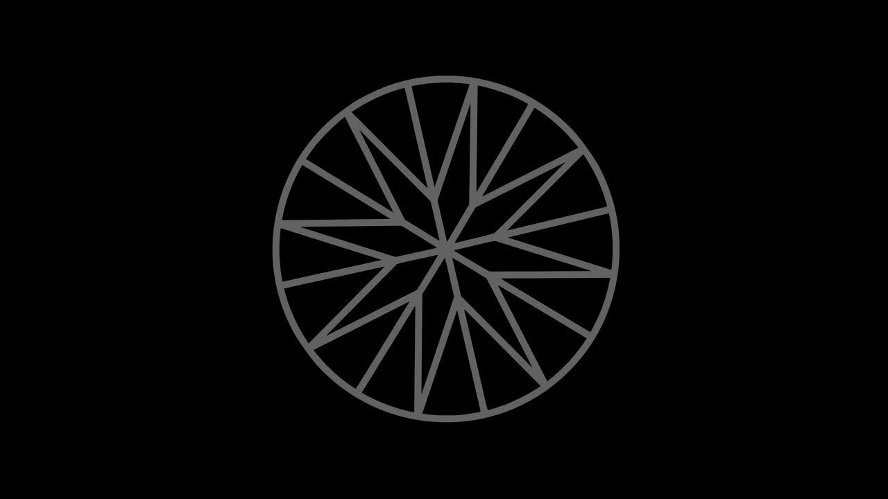 16:9 영상 형식으로 풀 스크린에서 중앙으로 사라지는 크기를 줄여 시계 방향으로 회전하는 스트로보스코픽 및 최면 효과를 가진 흑백 그래픽 객체