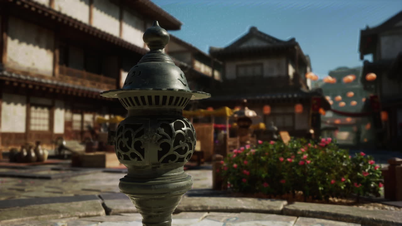 향을 태우는 고대 아시아 도시 거리 장면