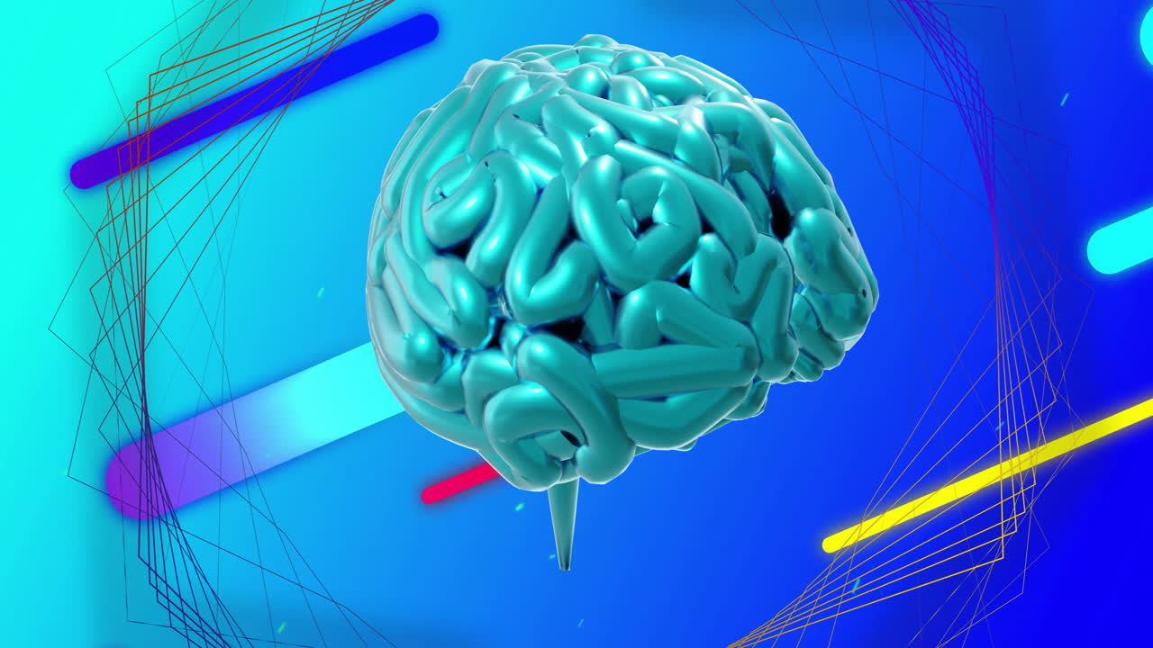 animación de cerebro azul giratorio sobre formas coloridas y estructura de red 3d en azul