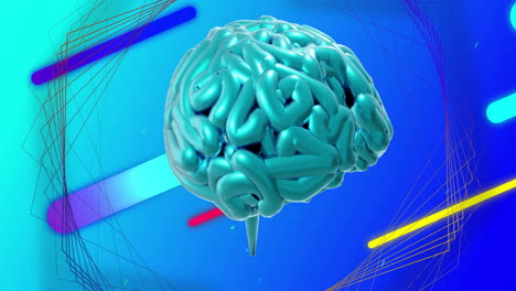 animation of rotating blue brain over colourful shapes and 3d network structure on blue