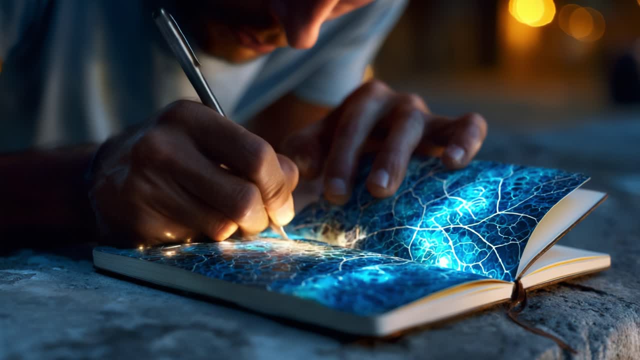 A captivating journey begins as a person meticulously writes in a beautifully illuminated notebook, capturing intricate designs that spark imagination and creativity in stunning detail