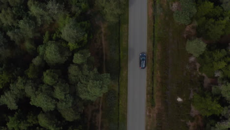 Aerial-birds-eye-overhead-top-down-view-of-car-driving-on-asphalt-road-in-forest.-Passing-by-cyclists-and-other-cars.-Denmark