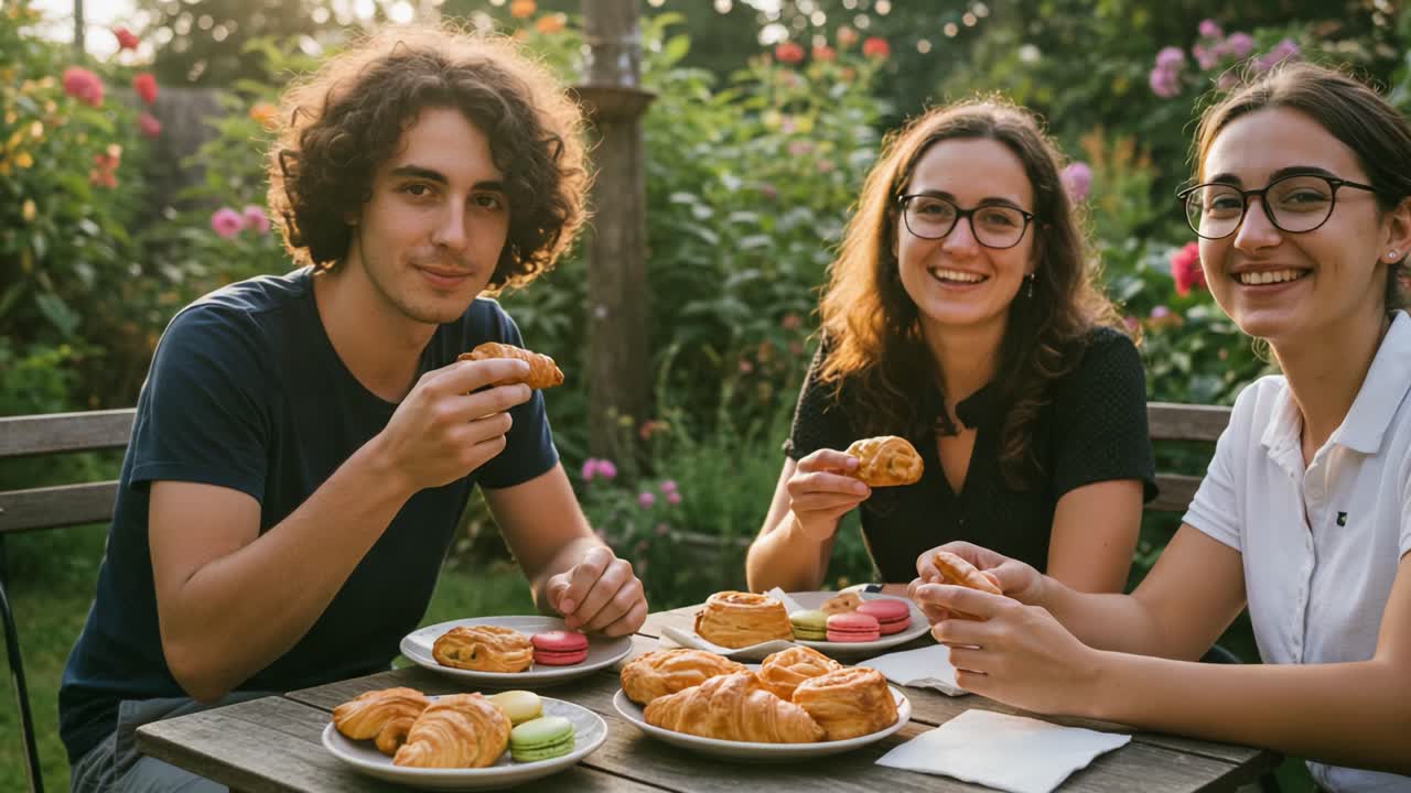 A Joyful Outdoor Gathering: Friends Enjoying Pastries and Sweets Amidst a Colorful Garden at Sunset