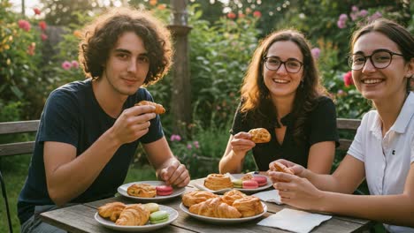 a joyful outdoor gathering: friends enjoying pastries and sweets amidst a colorful garden at sunset