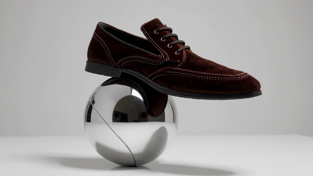 Brown Suede Shoe Balancing on a Silver Sphere
