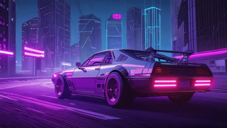 retro futuristic car in neon cityscape