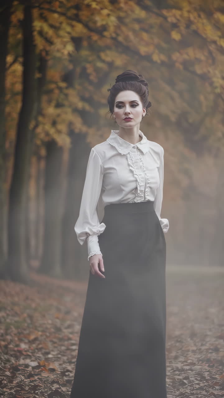Elegant Woman in Vintage Attire in a Misty Autumn Forest