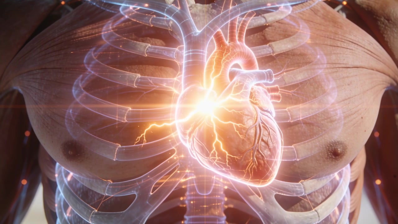 Luce che appare sullo sterno diffondendo un bagliore, mentre il busto mostra la conduzione cardiaca in una vista medica.