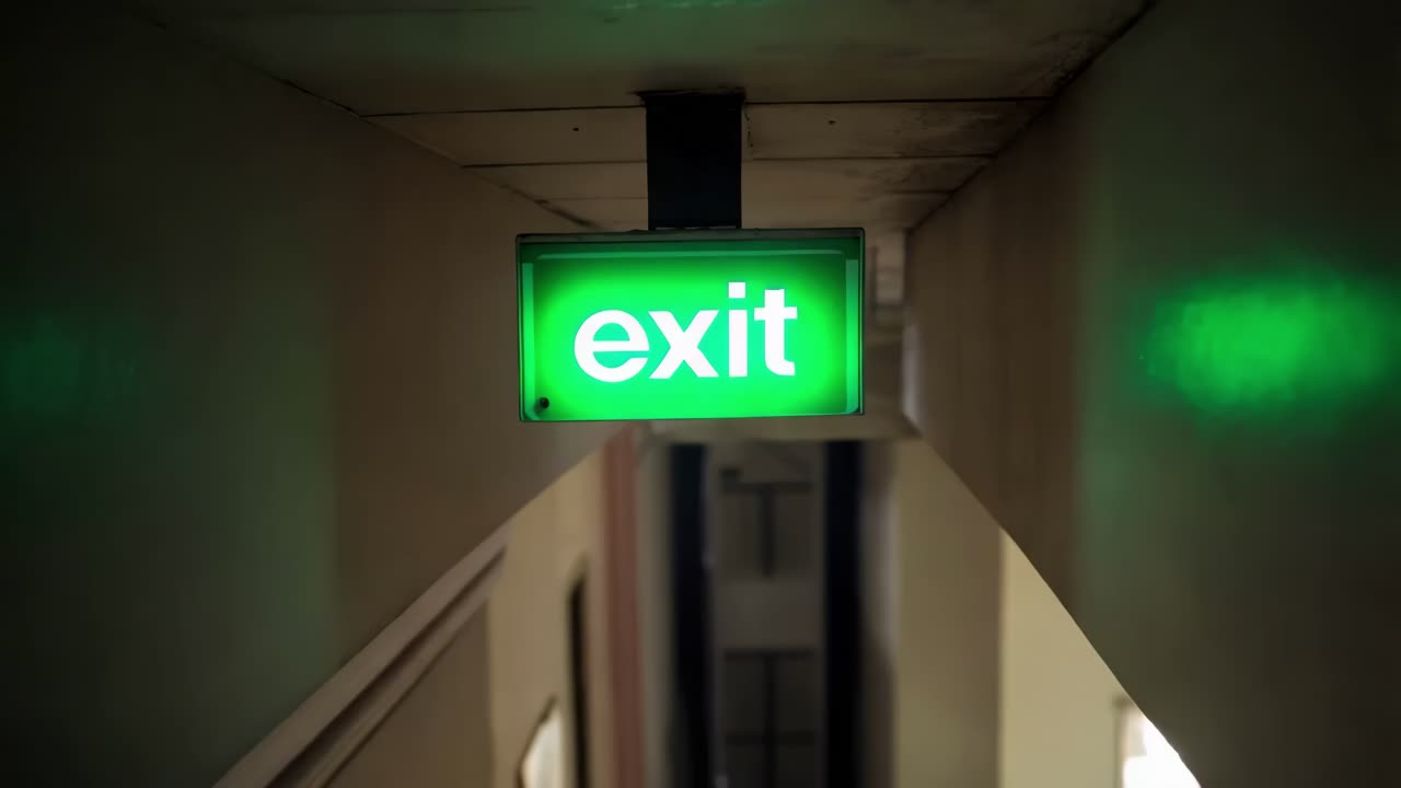Green Exit Sign in a Dark Corridor