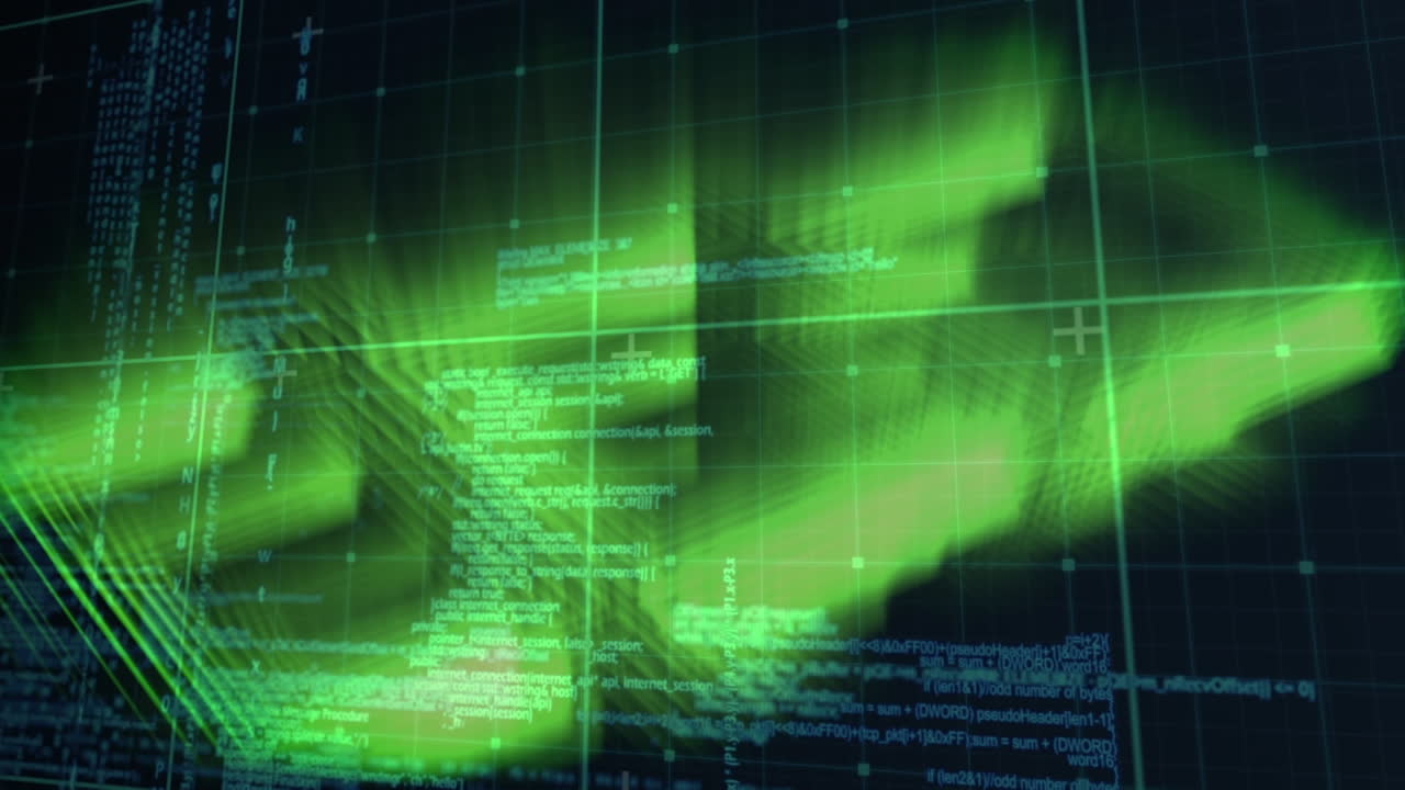 Animation of glowing data processing with markers over grid