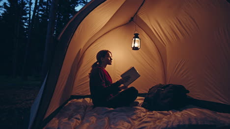 woman reading a book inside a tent at night