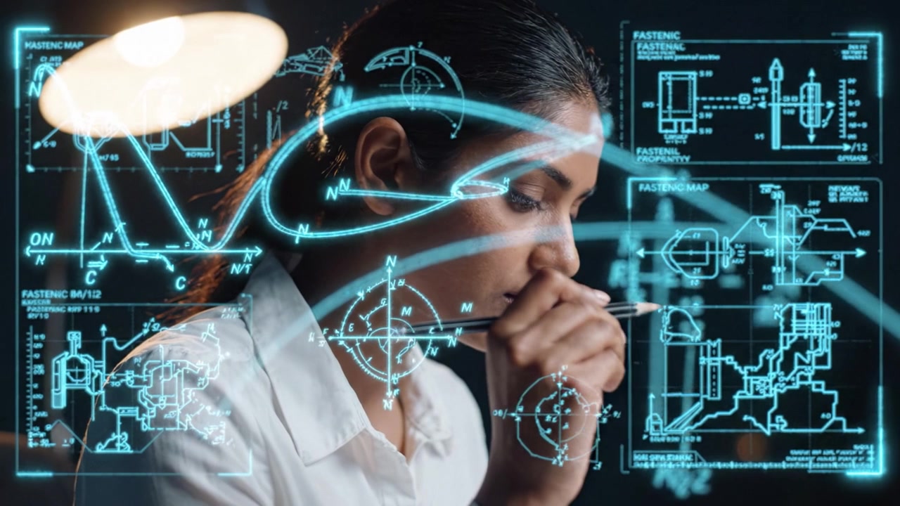 Focused Professional Analyzing Technical Diagrams with Precision during a Late-Night Session Illuminated by Desk Lamp in a Modern Workspace Environment