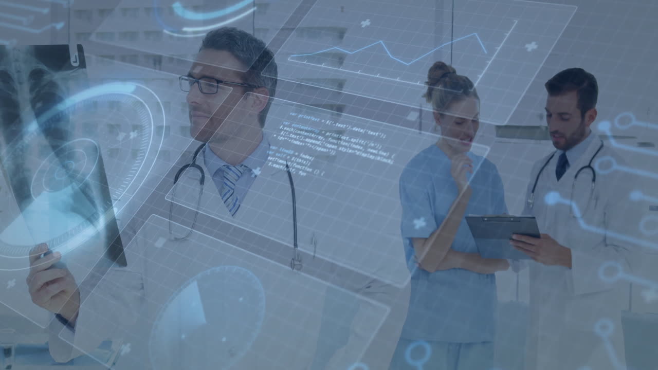 Analyzing medical data, doctors using animation technology in hospital setting