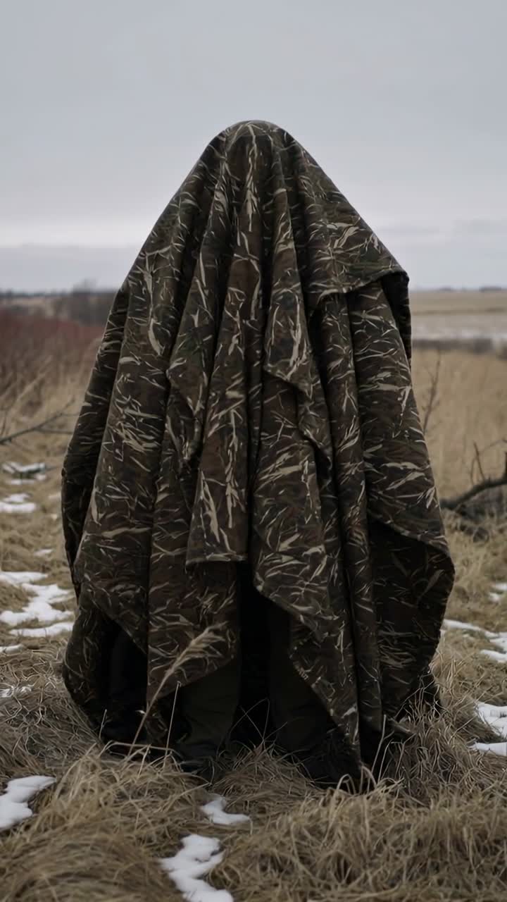 Video verticale: Persona coperta in piedi con stivali, immobile in un campo, con un telo mimetico che si muove per la brezza.