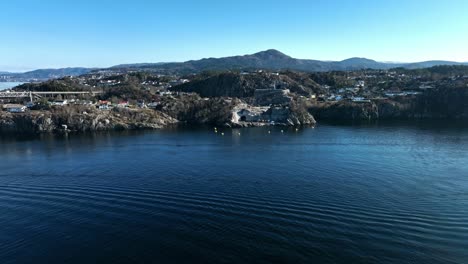 Sotra-Link-bridge-Construction-site-in-Bergen-Norway,-Aerial-looking-towards-Drotningsvik