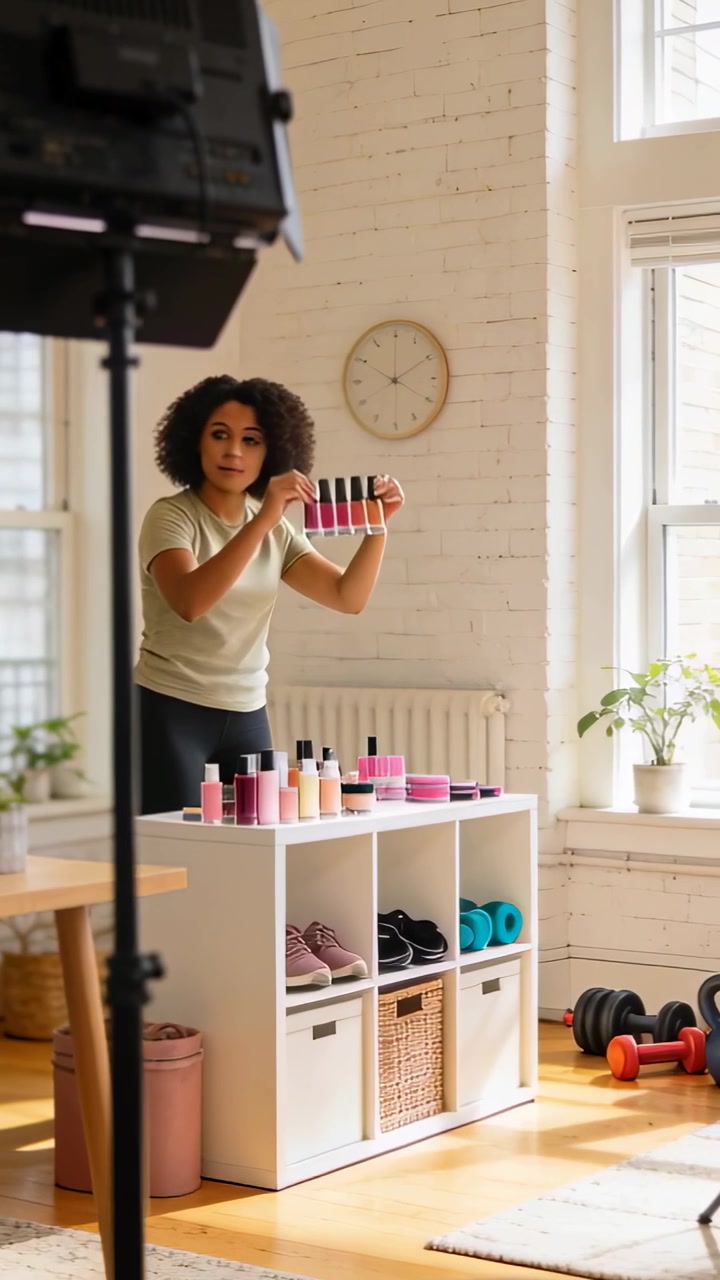 Video vertical: Mujer arreglándose, camiseta verde, aplicando maquillaje en un compartimento, luz de estudio encendida para grabar