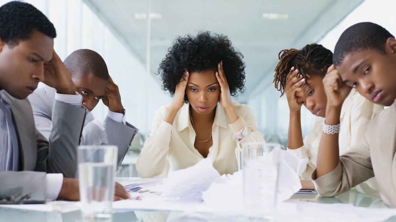 A group of professionals experiencing stress and frustration during a serious meeting, showcasing the challenges of teamwork and decision-making in a corporate environment