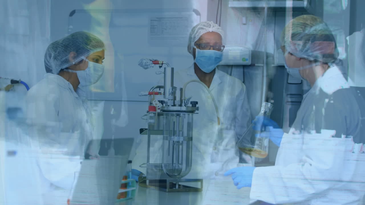 Animation of scientists working in a laboratory over people on a street in the background.