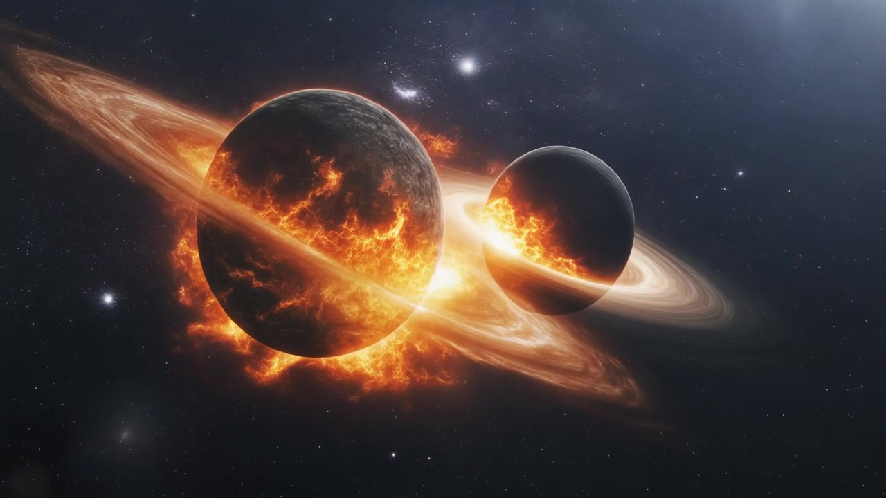 Two Planets Colliding in Deep Space with Glowing Rings