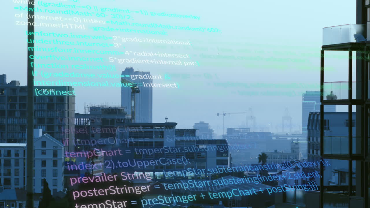 Animation of computer language over modern buildings in background
