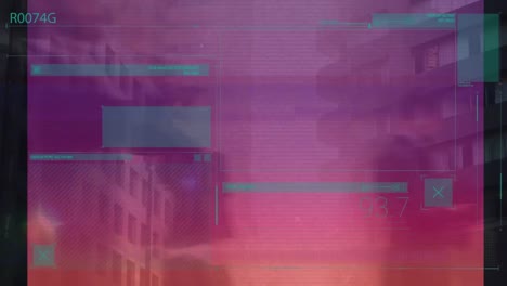 animación de patrones abstractos y time-lapse de personas caminando por la calle contra edificios.