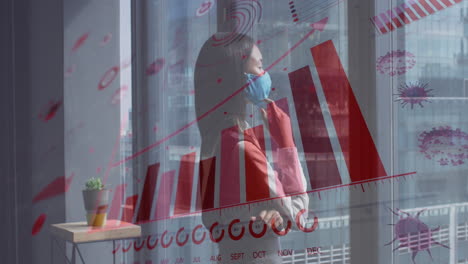 animación del procesamiento de datos financieros sobre una mujer de negocios asiática con máscara facial pensando en la oficina