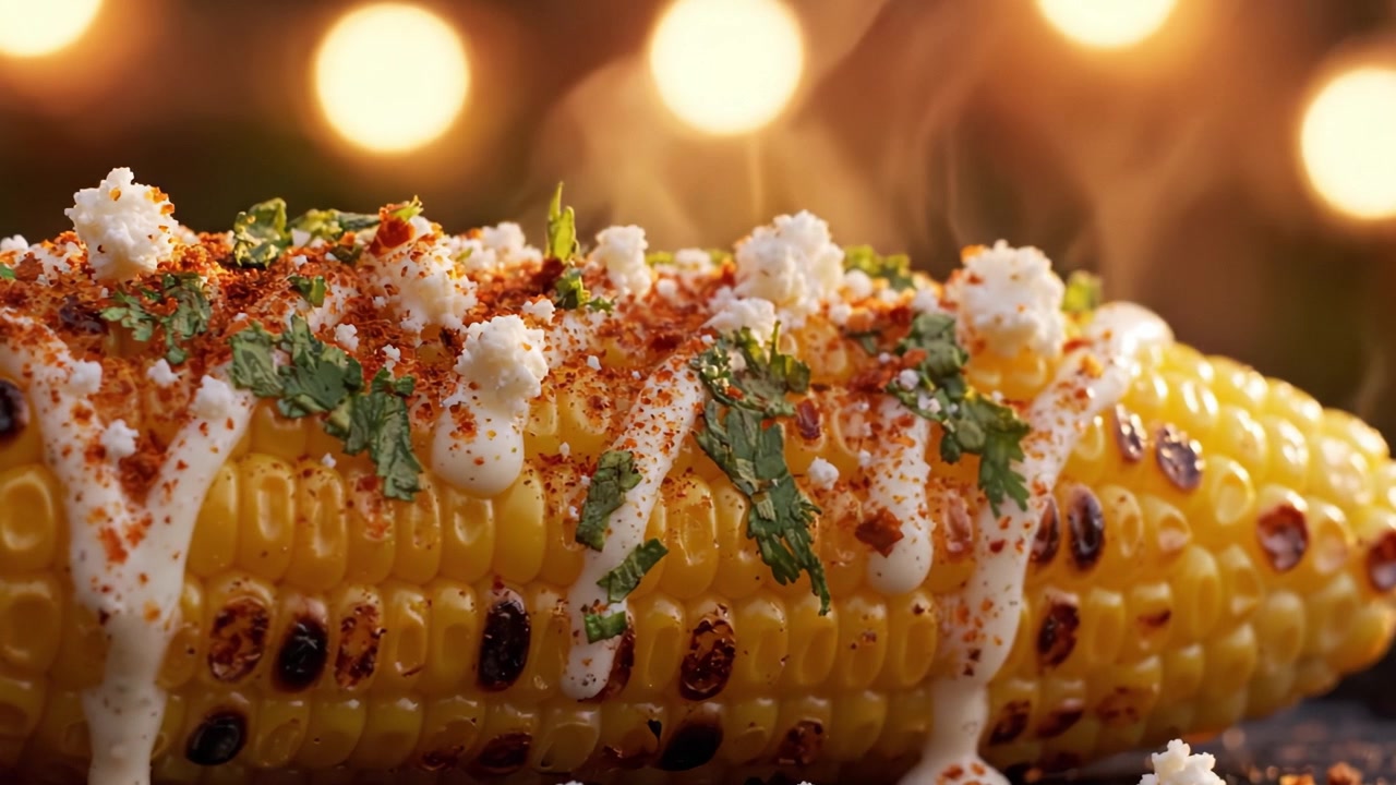 Mais di strada deliziosamente grigliato con spezie e condimenti cremosi in un'atmosfera calda e festosa, perfetto per riunioni estive o barbecue.