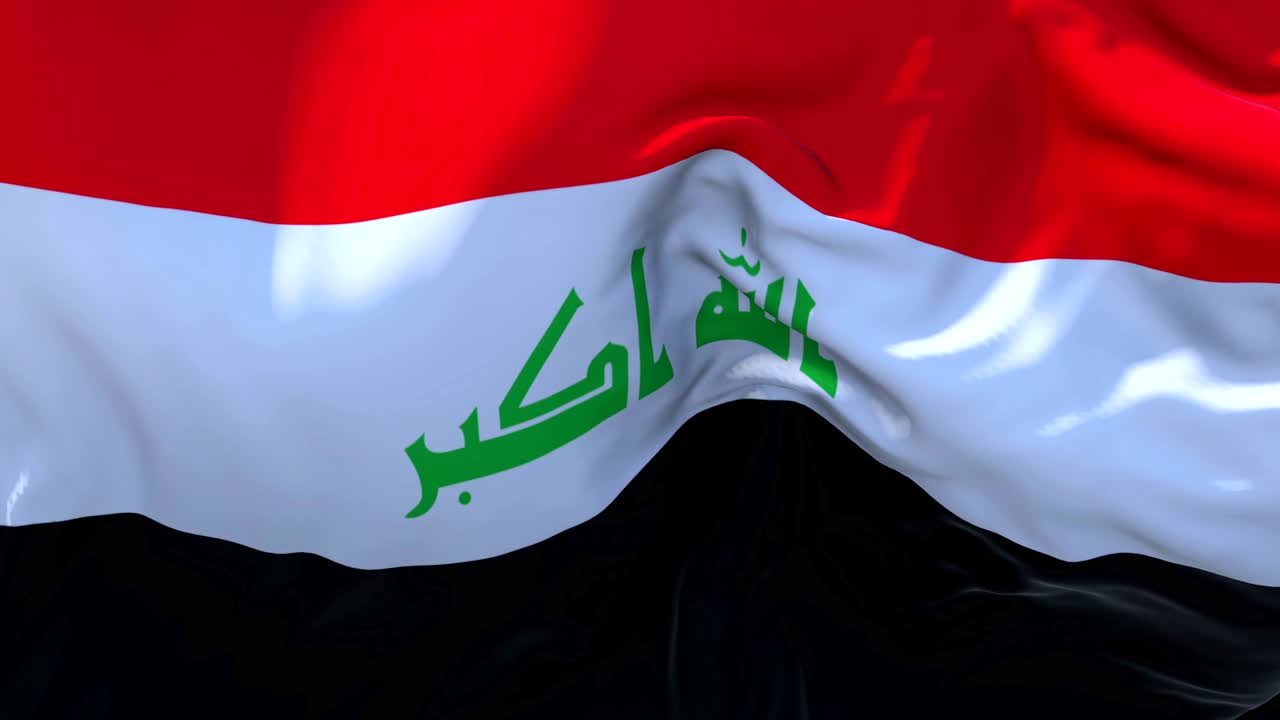 Animazione al rallentatore della bandiera dell'Iraq che sventola al vento. Bandiera 4K con texture in tessuto realistica che sventola dolcemente in una giornata ventosa. Sfondo con loop continuo senza interruzioni.