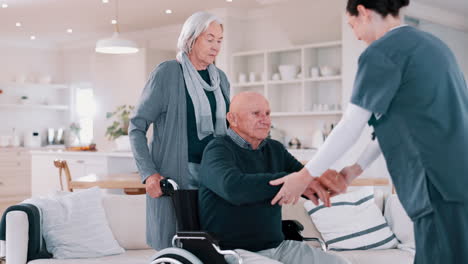 caregiver, man and wheelchair with help walking