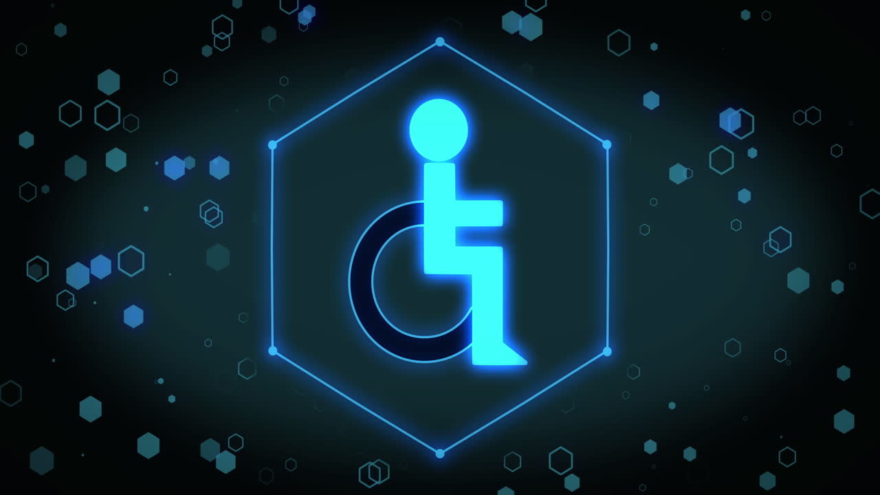 Animation of disabled person icon over hexagons on black background