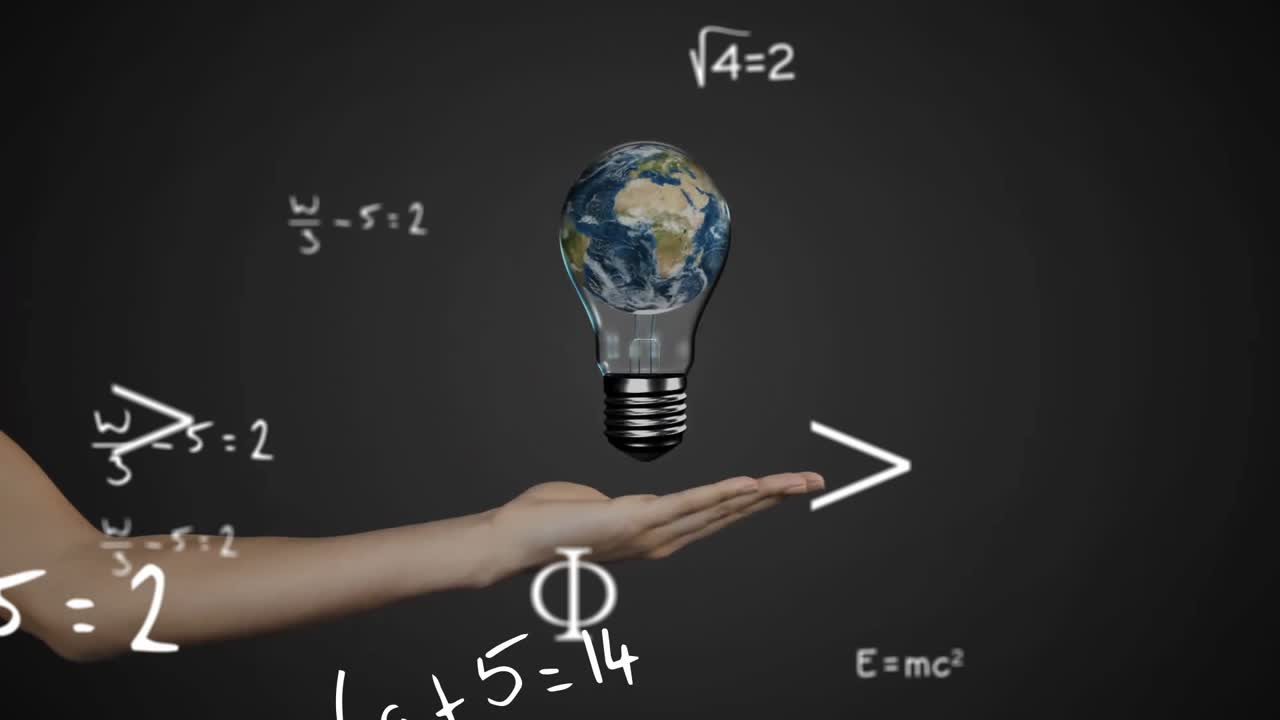 Floating glass lightbulb holding Earth while chalk formulas swirling around dark backdrop