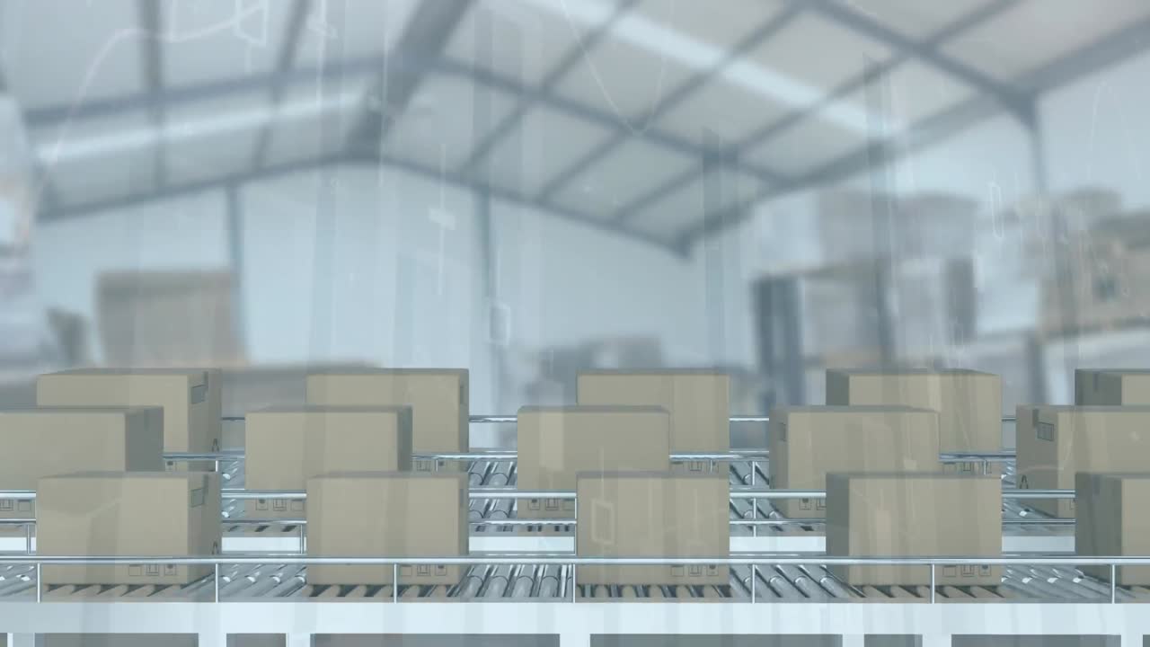컨베이어 벨트에 있는 카드보드 상자 위에서 통계 처리의 애니메이션