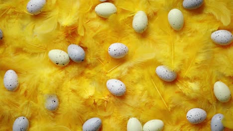 Composition-of-pastel-easter-eggs-lie-among-of-yellow-feathers-for-holidays