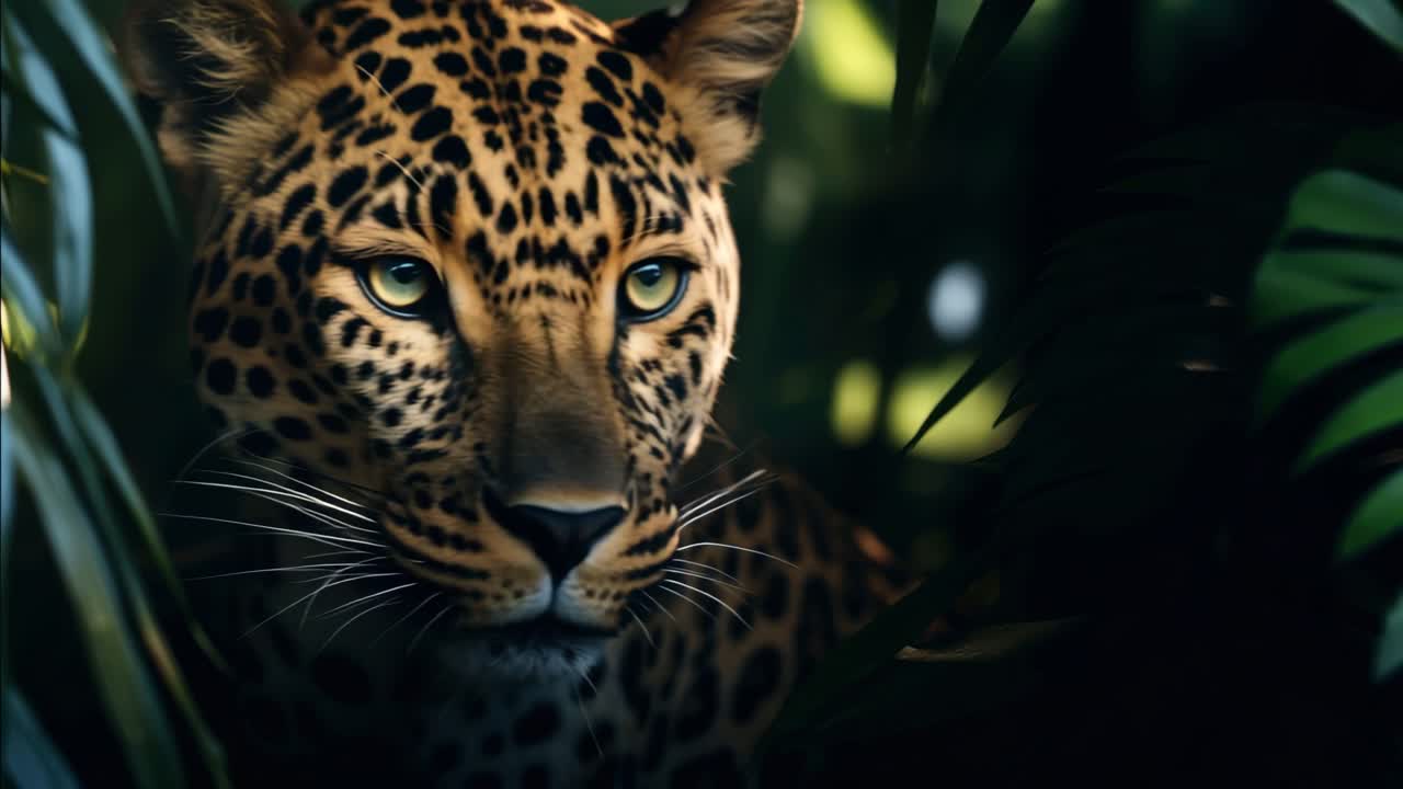 Close-up video shot of a leopard peering through lush jungle foliage, capturing its intense gaze