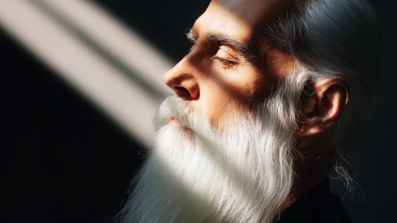 A Tranquil Moment: The Essence of Reflection Captured in Two Frames Featuring a Man with Silver Hair in Peaceful Contemplation Amidst Soft, Striking Light