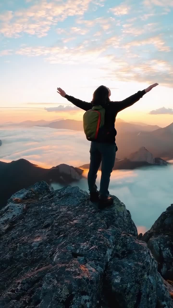 Fotogramma video mozzafiato di una persona su una scogliera all'alba, ripreso da una angolazione bassa