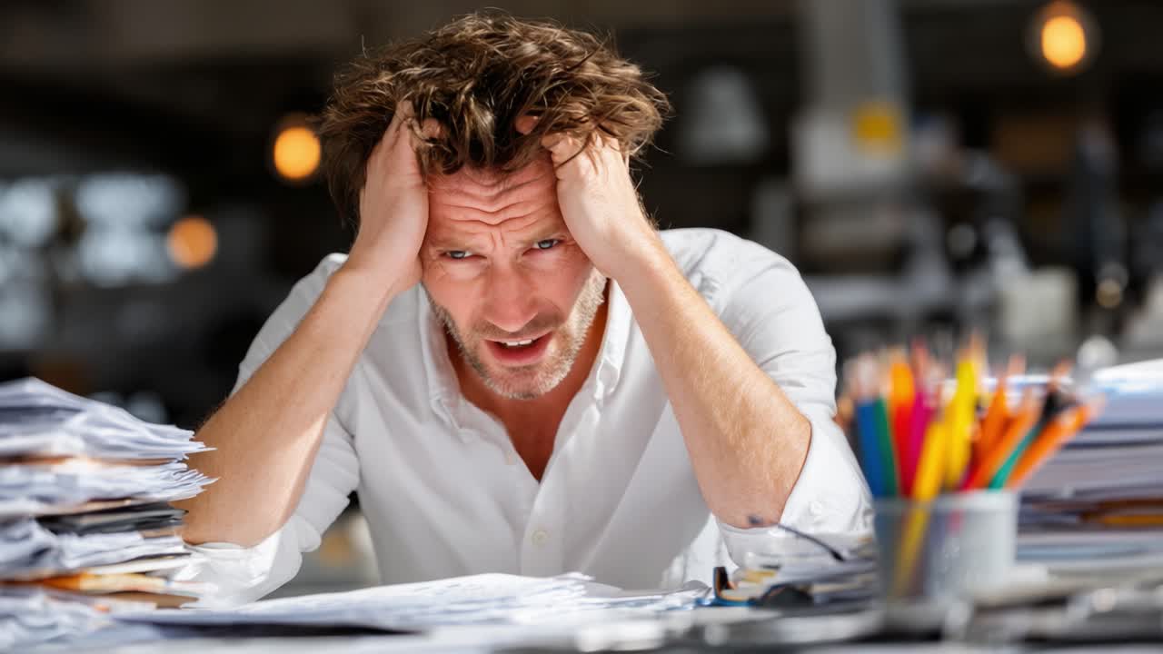 Stressed Man Struggles with Overwhelming Paperwork in a Chaotic Office Environment, Capturing Feelings of Frustration and Burnout Due to Heavy Workload