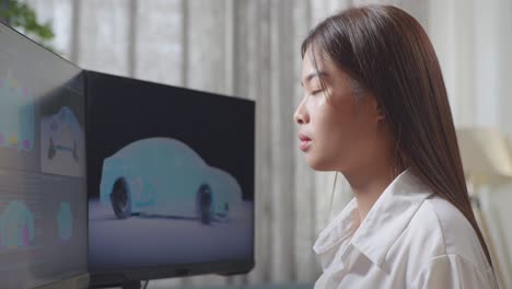 close up side view of asian female automotive designer stretching while working on 3d model of ev car on the desktop computers in the studio