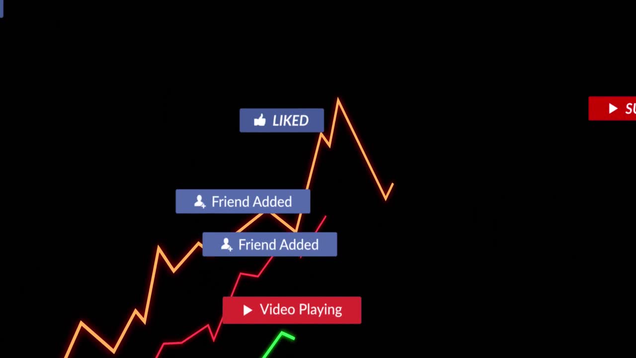animación de iconos de redes sociales con textos sobre gráficos en fondo negro