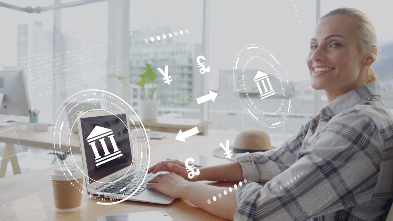 Woman placing hands on laptop, typing, causing rotating finance HUD showing currency flow