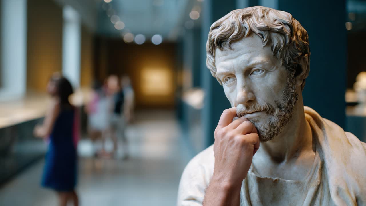 Statua pensierosa in meditazione in una galleria museale con visitatori sullo sfondo, che evidenzia la maestria artistica e la rilevanza storica in un contesto moderno.