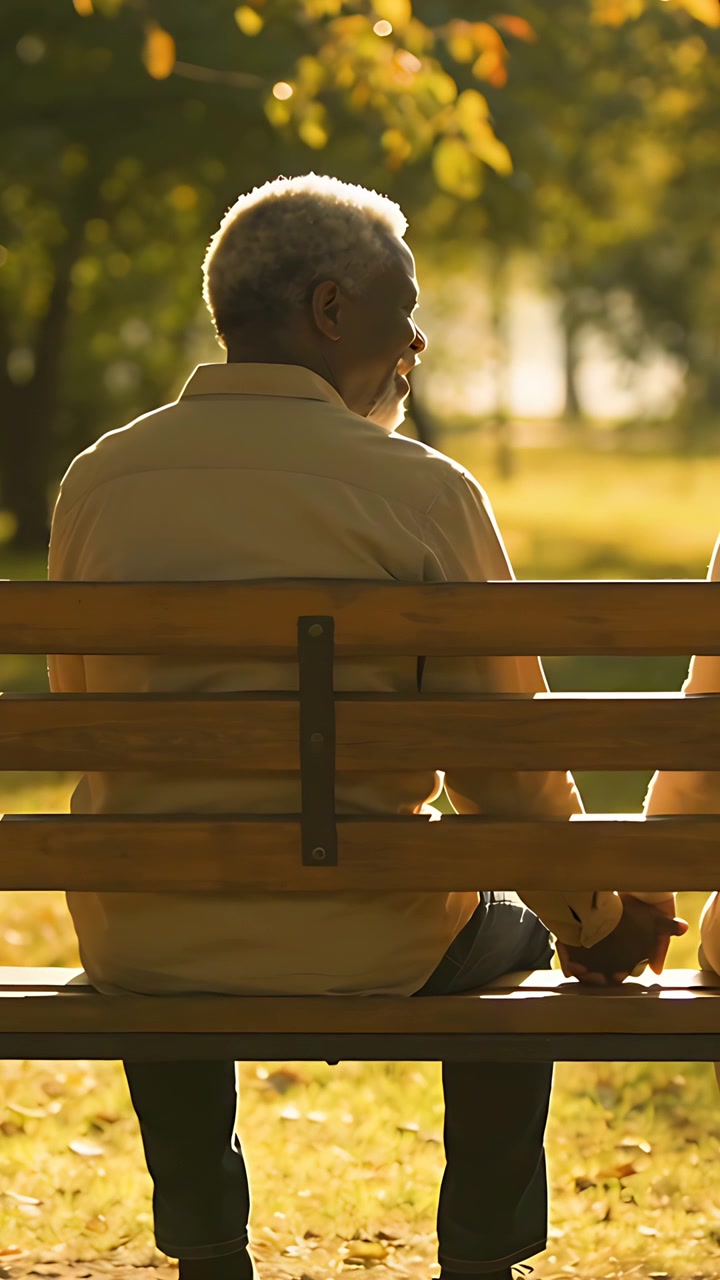 Vertical video: Turning, Senior African American man reaching, holding partner's hand on park bench