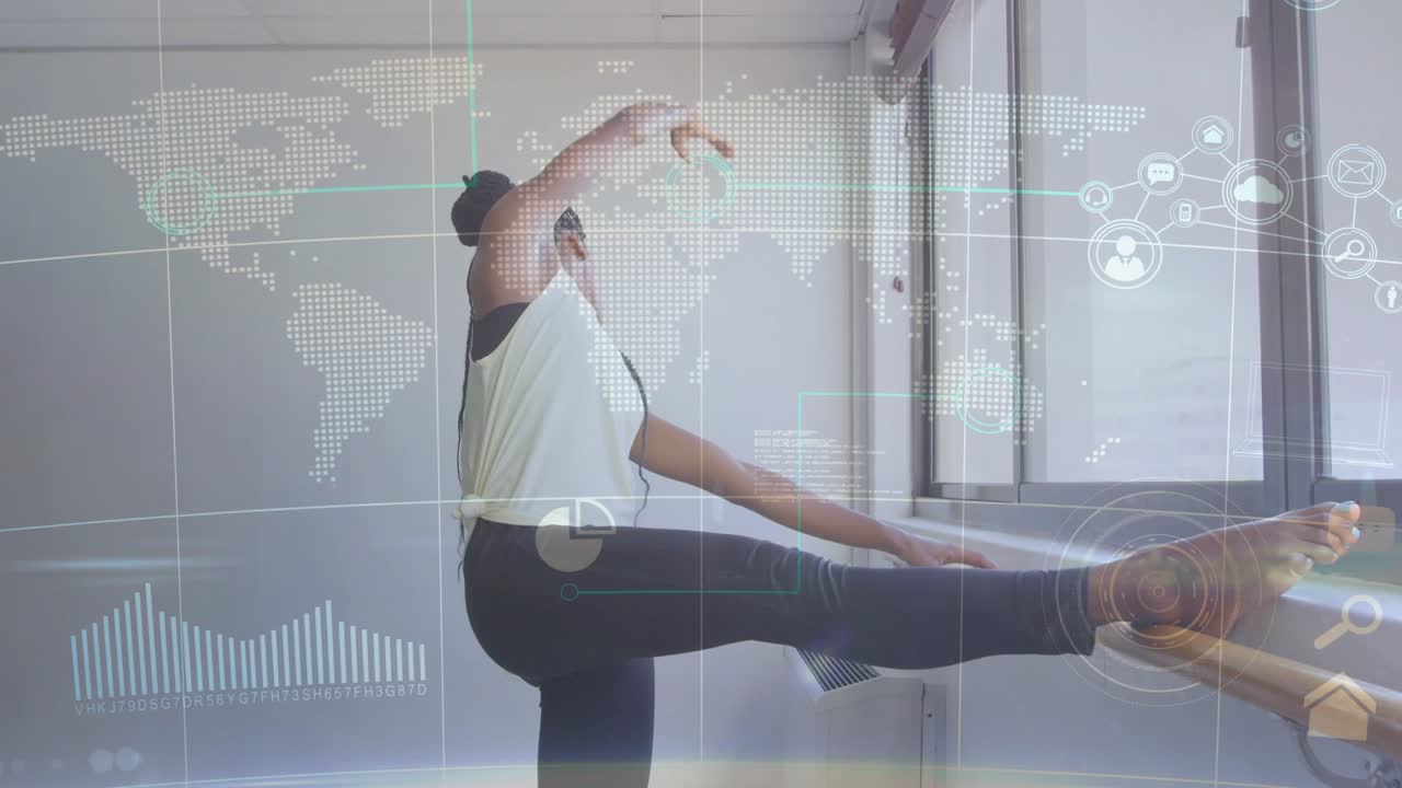 Dancer shifting weight, lifting foot on barre, extending leg and balancing with HUD map and charts
