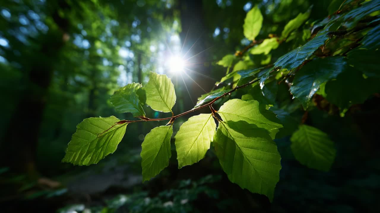A Serene Glimpse of Sunlight Through Lush Green Leaves, Illuminating Nature's Beauty in a Forested Landscape, Capturing the Essence of Freshness and Life in a Peaceful Environment